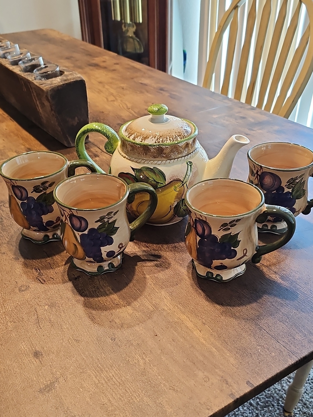 7 Piece Hand-Painted Fruit Ceramic Tea Set, Teapot + 4 Mugs+ Sugar Bowl, Creamer